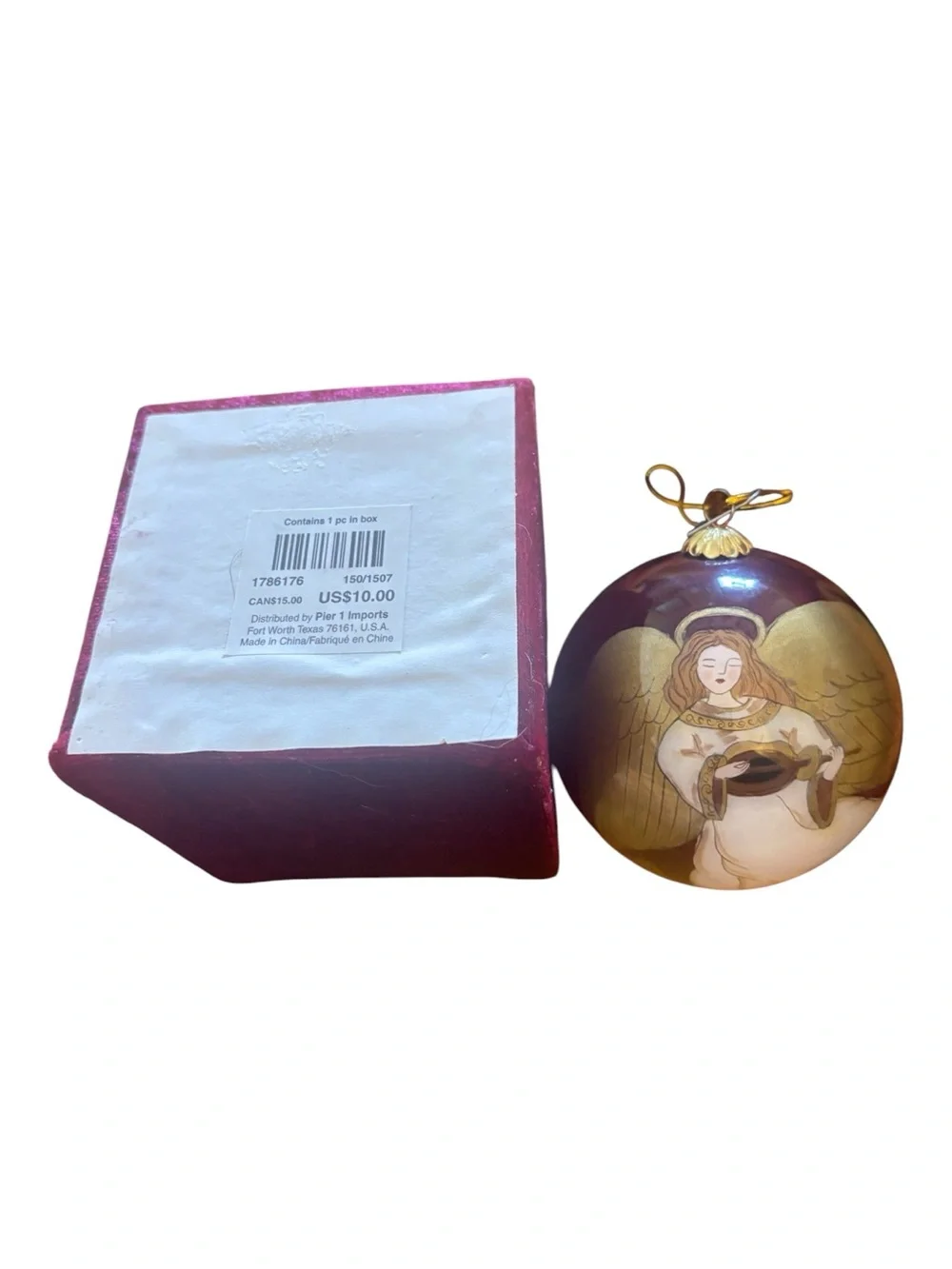 Pier 1 Burgundy Velvet Gift Box with Gold-Accented Angel Ornament NIB